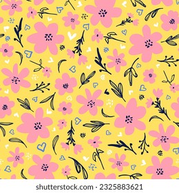 Cute, colorful botanical wallpaper as seamless repeat pattern. Random placed, vector flowers with leaves all over surface print on yellow background.