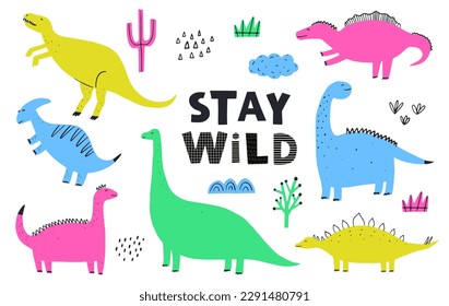 Cute colorful bright cartoon dinosaurs and doodle elements set isolated on white background. Vector illustration for kids