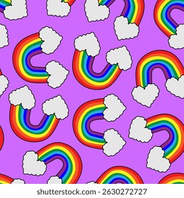 cute colorful bright rainbow cloud heart seamless pattern for kidcore aesthetic wallpaper, fabric, textile design,  fun playful print, lgbtg purple background