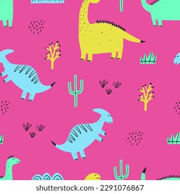 Cute colorful bright seamless pattern with dinosaurs. Bright background for kids. Vector illustration for textile manufacturing, notebooks etc