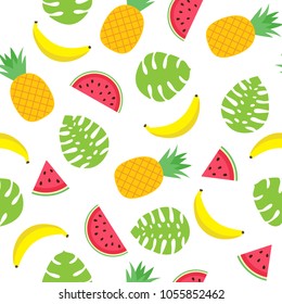 Cute colorful bright vector seamless pattern with tropical leaves, pineapples, bananas and watermelon slices