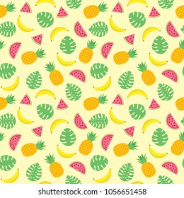 Cute colorful bright vector seamless pattern with tropical leaves, pineapples, bananas and watermelon slices