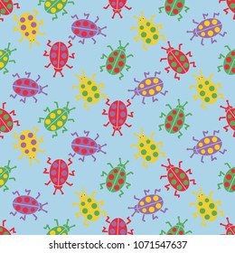 Cute colorful bugs, seamless ladybirds cartoon pattern