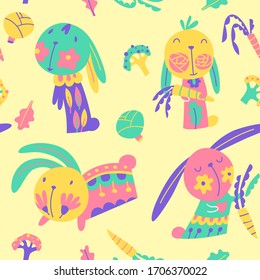 Cute colorful bunnies with carrots, cabbage, broccoli, lettuce. Seamless doodle vector pattern for wrapping, wallpaper, postcard, cover. Illustration with pretty beautiful multi-colored forest animals