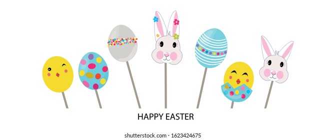 Cute colorful bunny, easter eggs banner design. Happy easter greeting card, advertisement, fabric design element vector illustration