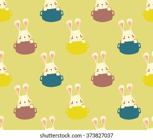 Cute colorful bunny rabbit in the cup on smooth yellow background design pattern seamless wallpaper. Vector image