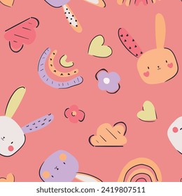 Cute colorful bunny rabbit flower heart rainbow clouds print pattern graphic tee design for kids market as vector