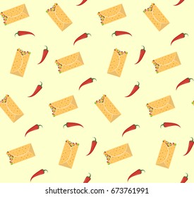 Cute colorful burrito and red chili pepper seamless pattern. Nice mexican fastfood pattern for textile, cafe and restaurant wrapping paper, covers, banners, background, wallpaper