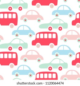 Cute colorful buses and cars seamless pattern wallpaper.
