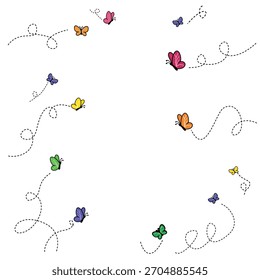 Vector colorido lindo del garabato de la mariposa con los senderos de vuelo y el modelo decorativo del arte de la línea dibujado a mano