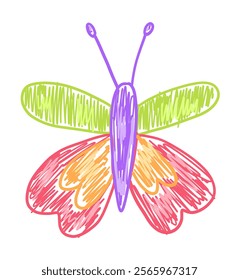 Cute colorful butterfly drawing chalk texture isolated on transparent background