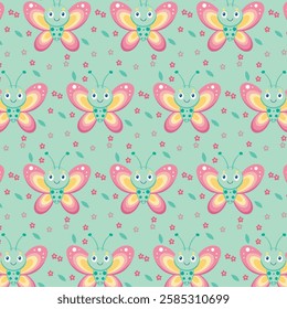 Cute Colorful Butterfly Pattern with Flowers and Leaves on Mint Green Background