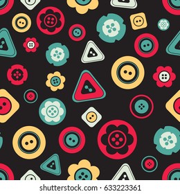 Cute colorful buttons seamless pattern on dark background. Vector isolated illustration for design and decoration greeting cards, scrapbooks, textile. 