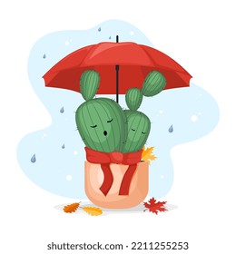 Cute colorful cacti in flowerpot and scarf with umbrella hiding from rain in flat design 
