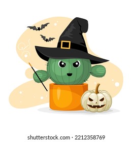 Cute colorful cactus in flowerpot with Halloween pumpkin, witch hat and magic stick in flat design