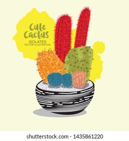 Cute Colorful Cactus in the pot isolated vector illustration.