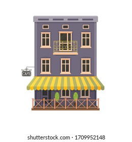 Cute colorful cafe building, 3 storey with tent, balcony and terrace. May be used as a retail store, boutique shop, or restaurant. Vintage style.