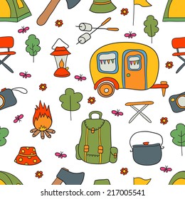Cute colorful camping seamless pattern. Simple background with camping gear for decoration.