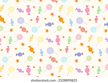 Cute colorful candies and lollipops pattern background. Pattern for sweet candy wallpaper, textile, wrapping paper. Halloween candies trick or treat concpet. Flat vector illutration.