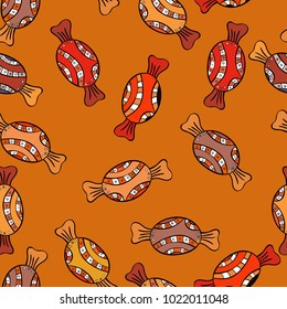 Cute and colorful candy sweet seamless pattern on orange, black and brown background. Vector illustration. Isolated. Orange, black and brown version.