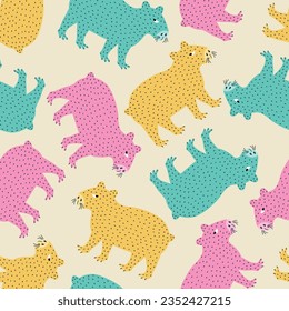 Cute colorful capybara hand drawn vector illustration. Funny water animals in flat style seamless pattern for kids fabric or wallpaper.