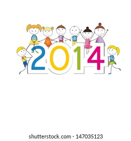 Cute and colorful card 2014 with happy kids