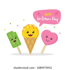 Cute colorful card, illustration for Ice Cream Day with three happy, smiling ice cream characters. 
