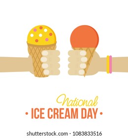 Cute colorful card, illustration for National Ice Cream Day with two people holding ice cream in hands. 