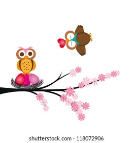Cute and colorful card with owls and heart