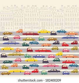 The cute colorful cars on a road and the building on a background.