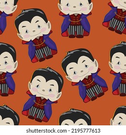 Cute colorful cartoon baby vampire character seamless pattern template. Halloween bright vector illustration for games, background, pattern, wallpaper, decor. Print for fabrics and other surfaces.