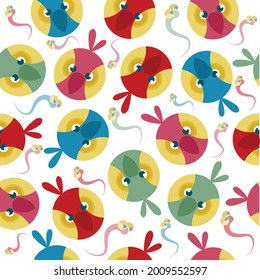 Cute Colorful Cartoon Bird Head and Worms Seamless Background Pattern