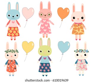 Cute colorful cartoon bunnies with heart shaped balloons