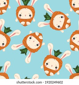 Cute colorful cartoon bunny in carrot costume seamless pattern template. Easter holiday bright vector illustration for games, background, pattern, decor. Print for fabrics and other surfaces.