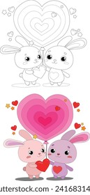 Cute colorful cartoon bunny with hearts and balloon graphic sketch template set. Valentine's day bright vector illustration in color and black and white for games. Coloring paper, page, story book