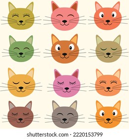 Cute Colorful cartoon cat faces seamless pattern in orange, brown , gray, green and pink . For textile, fabric and apparel