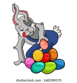 cute colorful cartoon character easter bunny puts eggs in a slide. eight multi color easter eggs lie next to the bunny