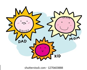 cute colorful cartoon characters of smiling sun family consists of dad, mom and kid. on blue cloud background. 