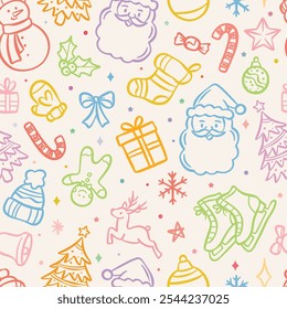 Cute colorful cartoon Christmas vector repeat pattern, seamless repeating wallpaper or wrapping paper tile for the winter holidays, doodle illustration print design