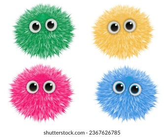 Cute colorful cartoon comic furry round characters. Funny vector illustration, isolated on white background.