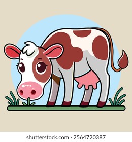 Cute colorful Cartoon Cow in a Pastoral Setting