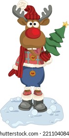 Cute colorful cartoon deer in winter clothes with Christmas pine tree in snow template. Bright vector illustration for childrems games, background, pattern, decor. Print for fabrics and other surfaces