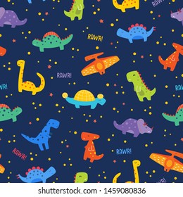 Cute Colorful Cartoon Dinosaurs Seamless Pattern on Dark Background.