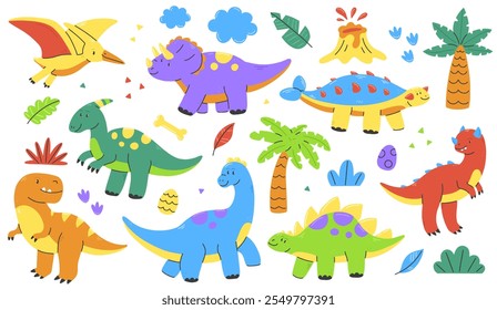 Cute colorful cartoon dinosaurs set. Vector flat children's illustration with multicolored dinosaurs isolated on a white background.