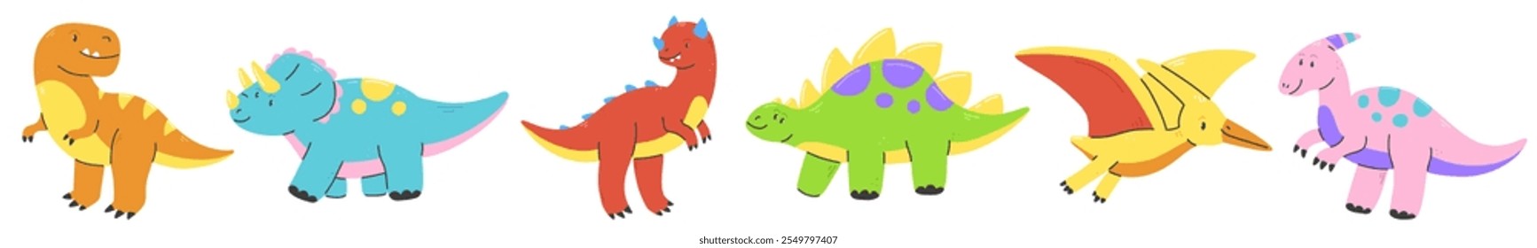 Cute colorful cartoon dinosaurs set. Vector flat children's illustration with multicolored dinosaurs isolated on a white background.