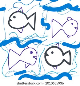 Cute colorful cartoon doodle fish in childlike style seamless pattern. Tropical ocean life. Animal wrapping paper. 