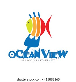 Cute colorful cartoon fish in a blue fork. Vector format Icon illustration 