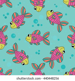 Cute colorful cartoon fish seamless pattern. Tropical ocean life. Animal wrappng paper.  Vector illustration.