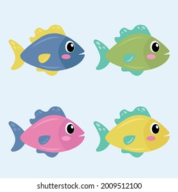 Cute colorful cartoon fish set with big eyes. Sea life. Flat vector illustration