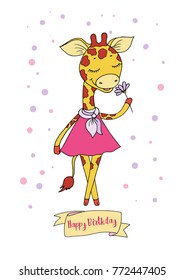 Cute colorful cartoon giraffe in pink dress. Can be used like sticker or for birthday cards and invitations, Valentine's Day, baby announcement, textiles. Size A4